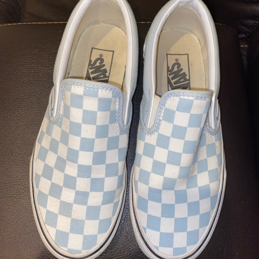 Light blue checkered slip on vans